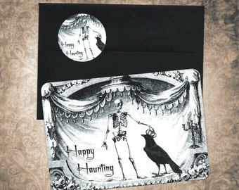 Halloween, Happy Haunting, Cards w/ Stickers, Skeleton & Raven, Halloween Card