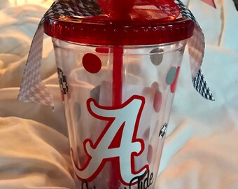 Hand decorated Alabama Crimson Tide inspired 16oz tumbler Bama Double Wall