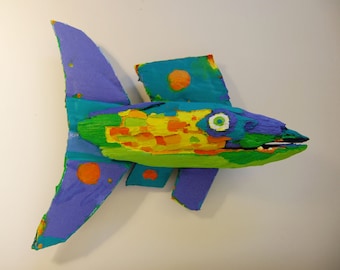 Original 3-D Fish Art Created out of drift wood, Recycled Materials and Painted with bright color ready to Hang in any Room for Fun Decor