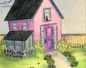 Original ACEO Drawing and Painting -- Quiet Yard