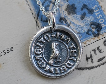 little bird wax seal necklace ... Latin motto - mater die memento - remember me - forget me not - medieval wax seal jewelry