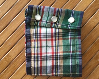 multicolored plaid wallet made from recycled shirt sleeve
