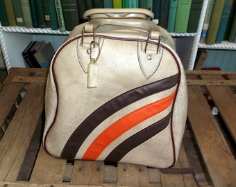 Vintage 1970's Bowling Ball Bag Tan or Beige with Brown and Orange Stripes Neat-o