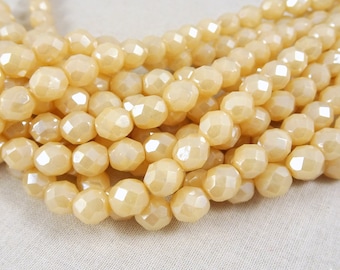 Czech Beads, 8mm Czech Glass Fire Polished Beads - Opaque Champagne Luster (FP8/SM-P14413.2) - Qty 25