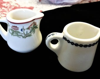 Two Vintage Restaurant Creamers Porcelain Unmarked No defects Unique Lot of 2 Creamers with Handles