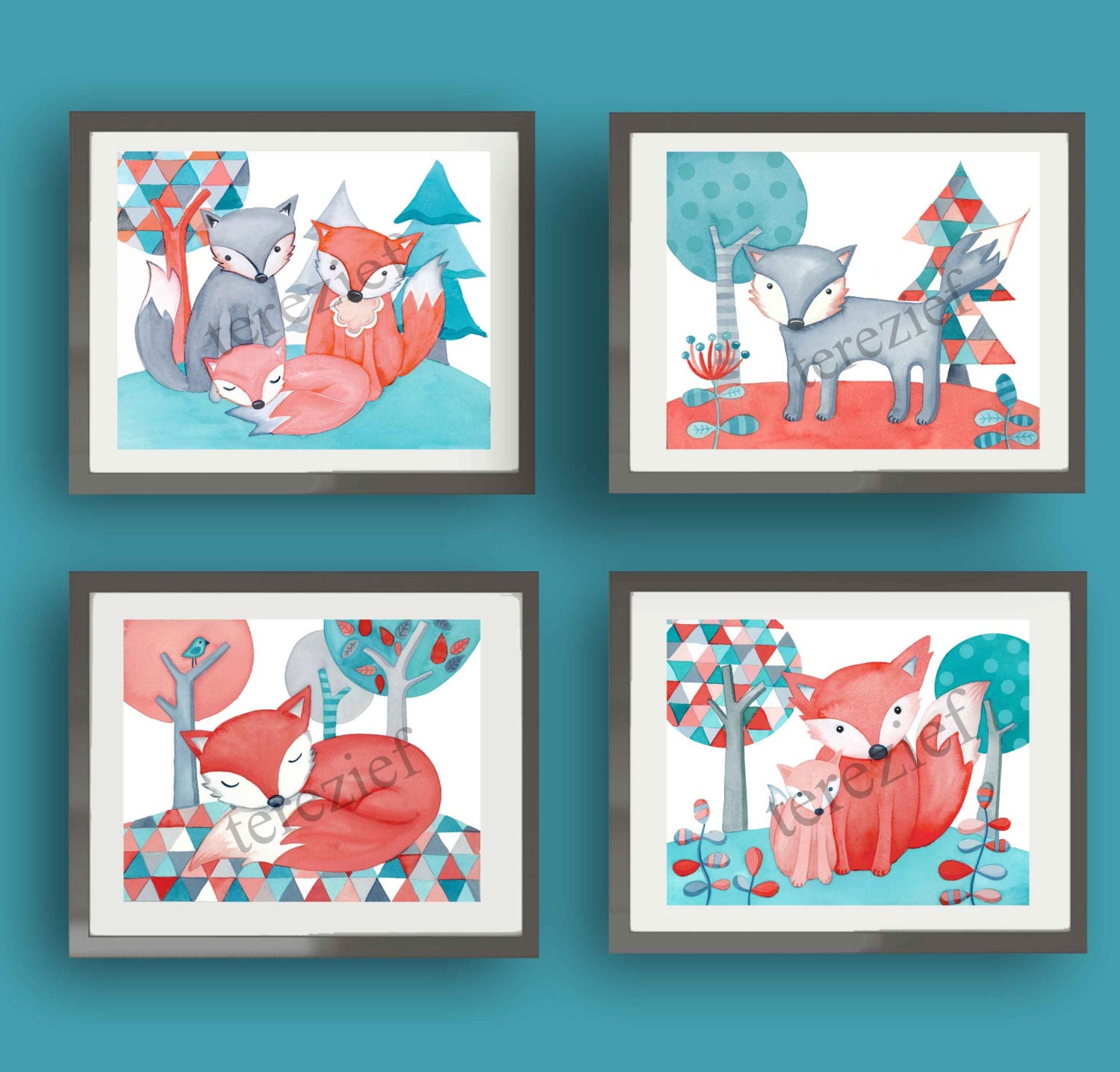 coral teal nursery art fox nursery art prints fox art decor