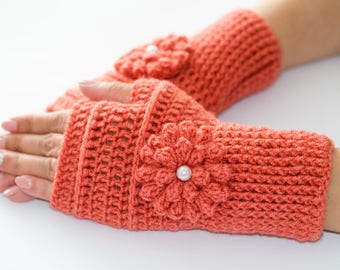 Flower gloves, fingerless gloves, knitted gloves, fingerless mittens, womens gloves, arm warmers, knit mittens, wool gloves, winter gloves