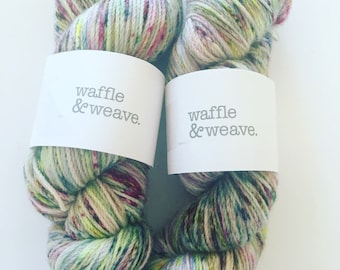 8ply dk hand dyed yarn in After party colorway / speckled yarn / merino wool yarn / dk yarn / knitting / crochet / green / pink / blue