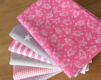 LITTLE OWLS Fat Quarter Bundle D 100% craft cotton Blenders Pink Grey