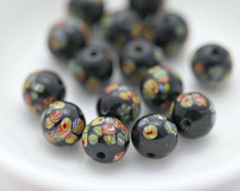 Vintage Black Rainbow Glass Round Millefiori Beads Japan 8mm (12)