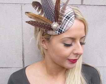 Beige Cream Brown Grey Tartan Pheasant Feather Pillbox Hat Fascinator Races 4369