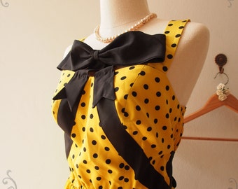Pretty Lady Bow Dress Yellow Black Polka Dot Dress - in Size M