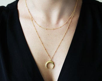 Double Horn Necklace Set / Satellite Crescent Moon Necklace / Tusk Necklace