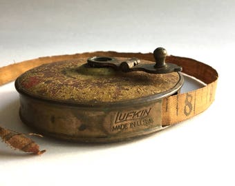 Vintage Lufkin Rule Tape Measure - Brass Metal Case - Fabric Cloth Tape - Made in USA - 50 Ft Measuring Tape - Rustic Brown Carpenter Tool