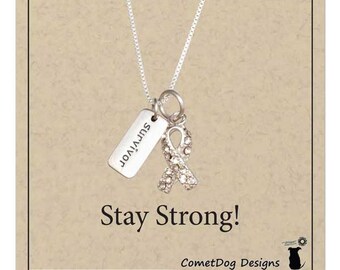 Sterling Silver Clear Swarovski Crystals Awareness Ribbon Survivor Necklace | Cancer Or Other Illness Awareness Jewelry, Lung Cancer Ribbon
