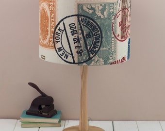 Airmail Lampshade, Vintage travel ephemera ceiling shade, neutral passport stamps, red and cream light pendant shade