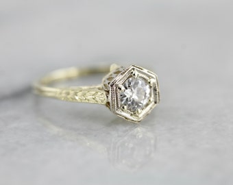 Beautiful European Cut Diamond and Filigree Engagement Ring in Green Gold KM970E-R