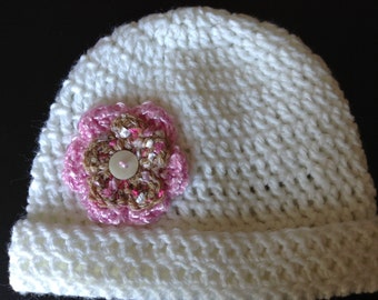 6-12 Month White Crochet Hat with Pink Flower