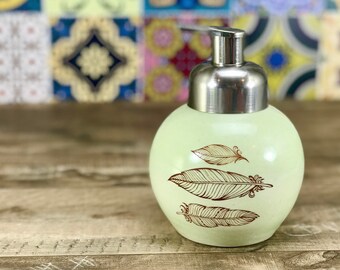 Foaming soap dispenser. Light green porcelain foam soap dispenser. Green bathroom decor. Ceramic dispenser. boho decor, brushed nickel pump.