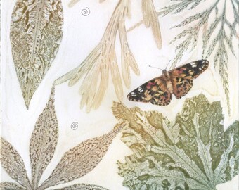 Original monoprint | Fritillary butterfly | Botanical fine art print | Print making | Helen Lush | Garden leaves and flowers | One of a kind