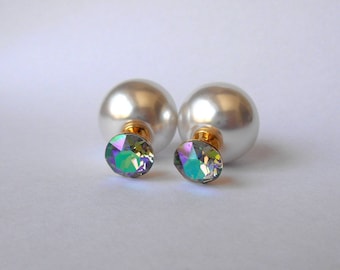 Double ball earrings, White double sided earrings, Tribal earrings, White pearl earrings