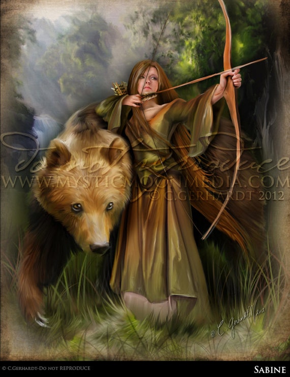 Sabine.. Print...Medieval Woman Archer Protecting Bear...