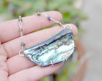 Sterling Silver Abalone Shell Beaded Statement Necklace, Large Abalone Necklace, Abalone Shell Necklace, Sterling Abalone Jewelry