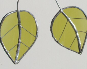 Twin Green Birch Leaves - Upcycled Stained Glass Suncatcher