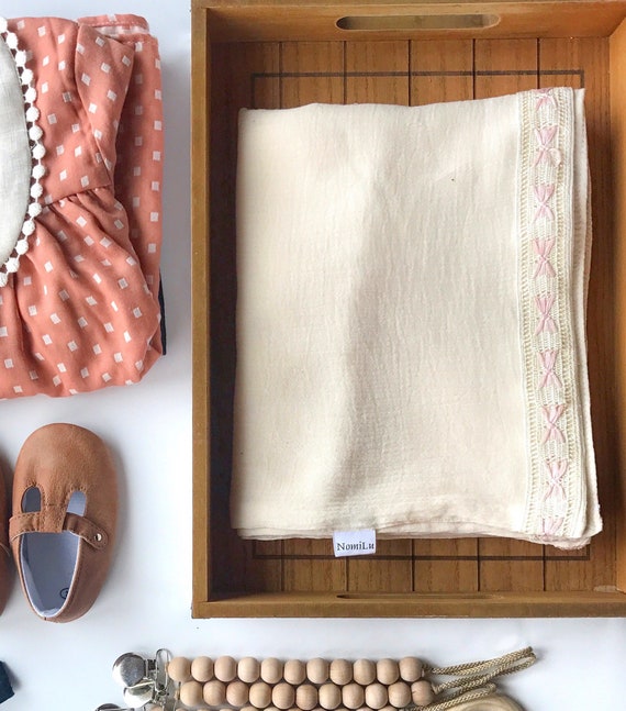 NomiLu Heirloom Lace Swaddle Blanket -- Muslin Cotton Gauze and Lace