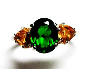 Chrome diopside, chrome accent ring, chrome and citrine ring, 3 stone ring anniversary ring green gold, s 6 1/2 "Wild Flowers"