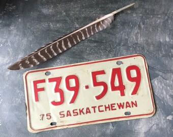 Vintage Saskatchewan License Plate | 1975 Saskatchewan Province Canada | White and Red License Plate | Industrial Canadiana | Auto Plate
