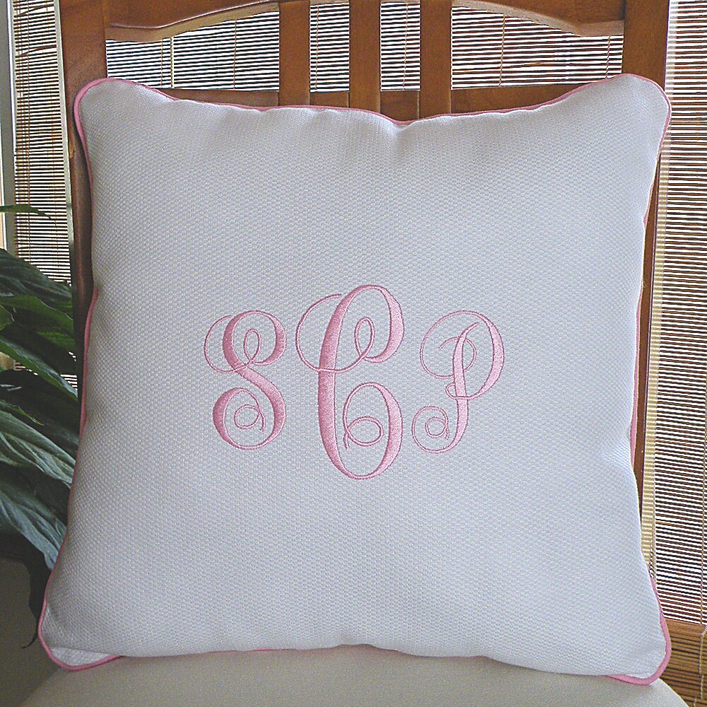 White Monogrammed Pillow with Pink Piping Personalized