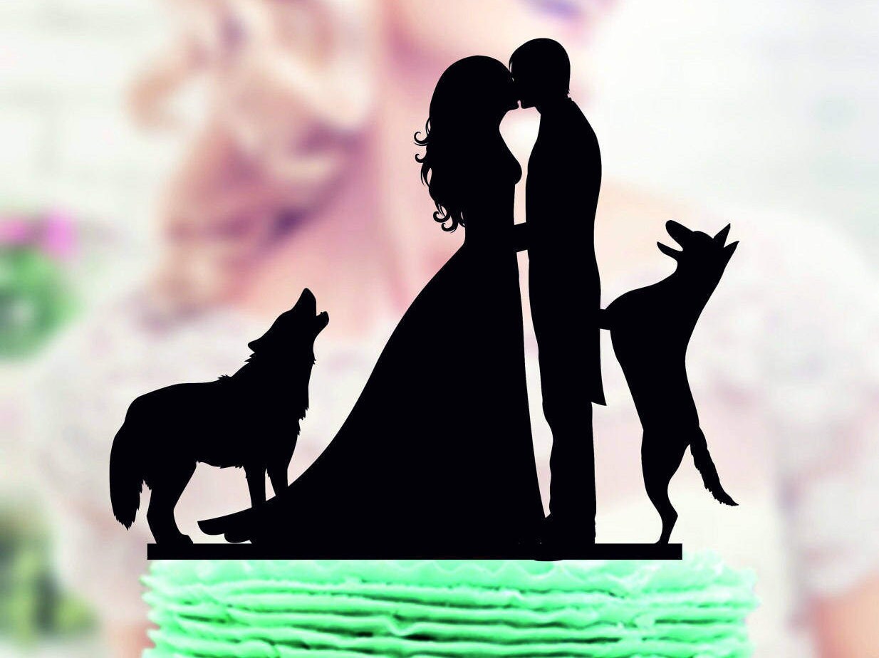 Wedding cake topper with Dog dog Bride Groom Silhouette