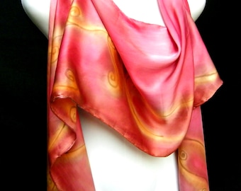 Red Silk Scarf, Silk Scarf Hand Painted, Satin Charmeuse, Hand Painted Silk Scarf, Red Gold Swirls