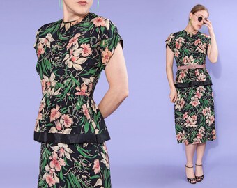 40s Hawaiian floral silk peplum dress | size small
