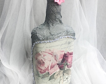 Decoupage.Wine Glass Bottle.Decorated Bottle.Home Decor.Table Display.Centerpiece.Vase.Flower Bottle.Unique Gift.Display.Custom.Glass Art.