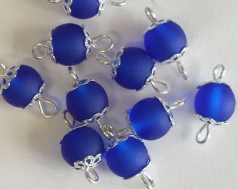 5 connectors 8mm frosted blue glass beads