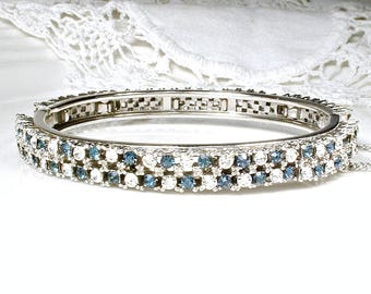 Vintage Sapphire Bracelet, Art Deco Clear & Blue Rhinestone Clamper/Hinged/Bangle Bridal, Silver Navy Wedding Jewelry Something Blue Old