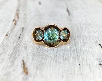 Blue Zircon Three Stone Ring, Vintage Gemstone Ring | 10k Gold