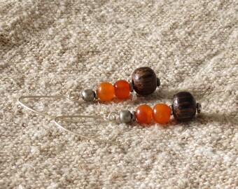 Carnelian agate earrings, orange dangle earrings, stacked bead earrings, wood earrings, beaded dangle earrings, long dangle stone earrings