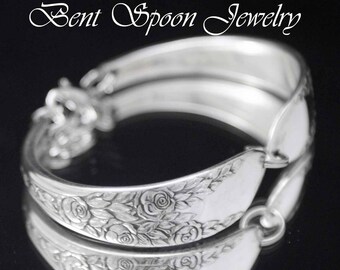 Silver Spoon Bracelet, Vintage Rose and Leaf 1937 Spoon Bracelet, Silverware Jewelry, Wedding Bracelet