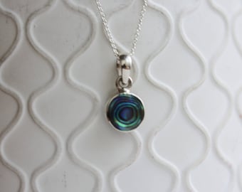 Abalone Shell Pendant / Trace Chain / Paua Shell / Small Round / Blue Shell Necklace / Sterling Silver /Blue and Green Shell / Natural Shell