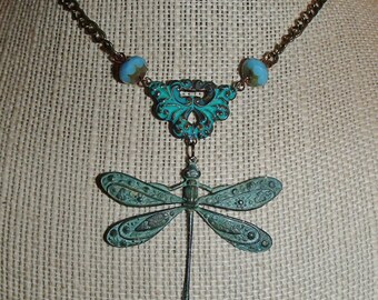 Dragonfly Necklace Verdigris. Dragonfly Necklace Patina. Dragonfly Necklace. Nature Jewelry N111
