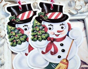 Retro Snowman Tags (6) Christmas Gift Tags-Snowman Gift Tags-Treat Tags-Christmas Favor Tag-Snowman Favor Tags-Christmas Snowman Die Cut