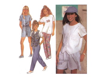Simplicity 8386, 90s sewing pattern, size 12-14 girl's pants, shorts, T-shirt, lined vest pattern