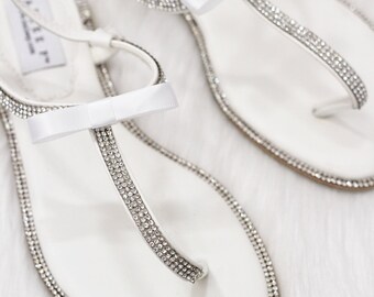 Women Wedding WHITE Sandals with Rhinestones T-Strap flat sandal - Wedding Sandals for brides and bridesmaids