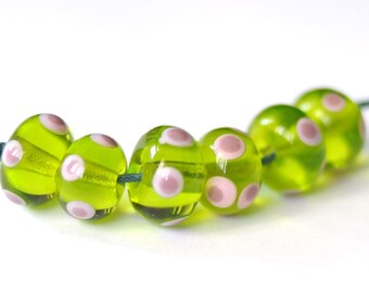 Lime Dotted - 6 Beads Set - handmade glass lampwork beads