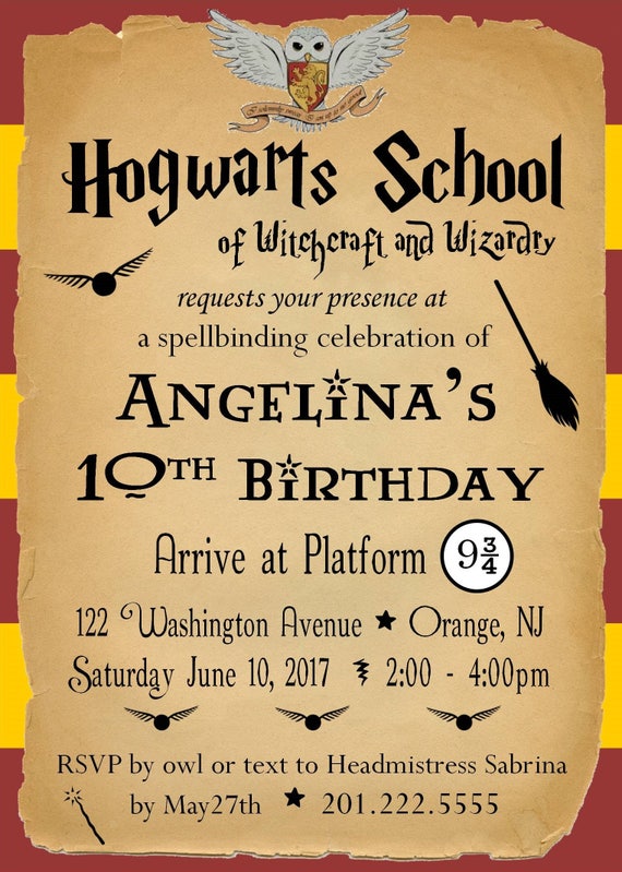 Harry Potter Birthday Party Invitation Customized