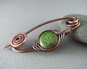 Shawl Pin Copper Brooch Wire Wrapped Shawl Pin Green Brooch Scarf or Sweater Pin Fibula Wire Wrapped Jewelry Copper Pin