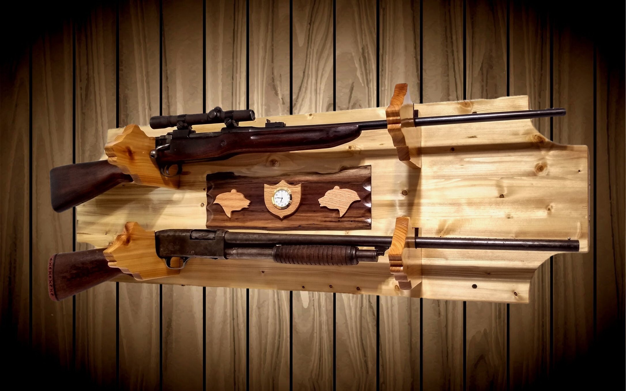 2 Place Knotty Pine Wood Gun Rack Cedar Bear Holders Wall ...